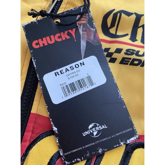 Reason X Chucky Good Guys Varsity Bomber Racing Red Jacket Men’s Sz L NEW - Picture 7 of 15